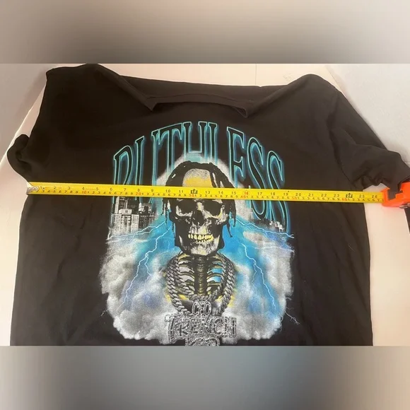 boohooMan x LilTjay 'Trench kid' Men's 'Ruthless' skull black shirt NWT Size L - Picture 8 of 10